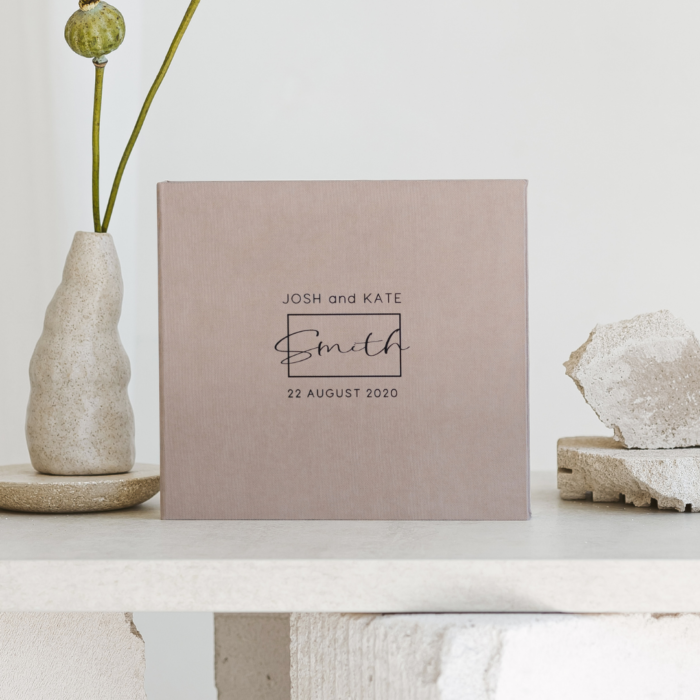 Taupe wedding photo guest book with foil gold letering