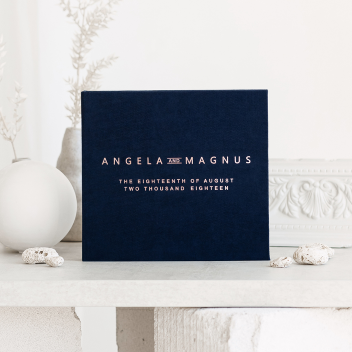 Navy wedding photo guest book with foil rose gold letering