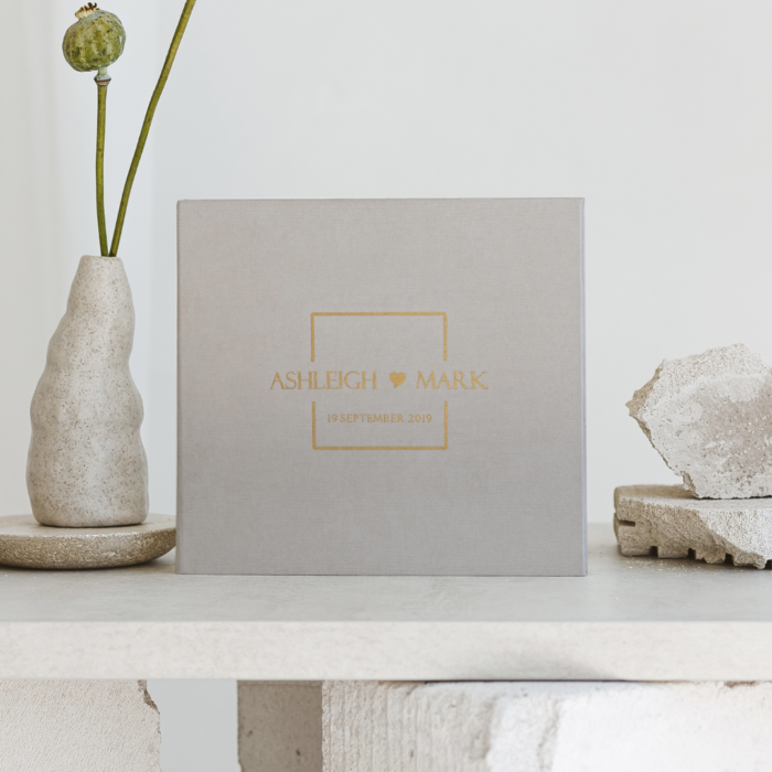 Light gray wedding photo guest book with black letering