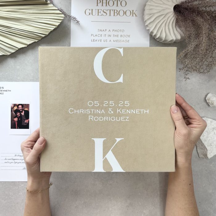 Latte wedding photo guest book with white letering