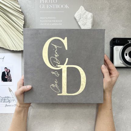 Gray wedding photo guest book with white letering