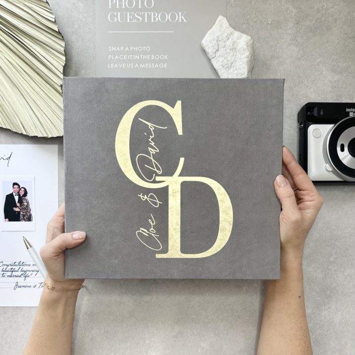 Gray wedding photo guest book with white letering