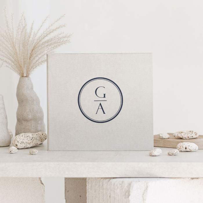 White wedding photo guest book with black letering