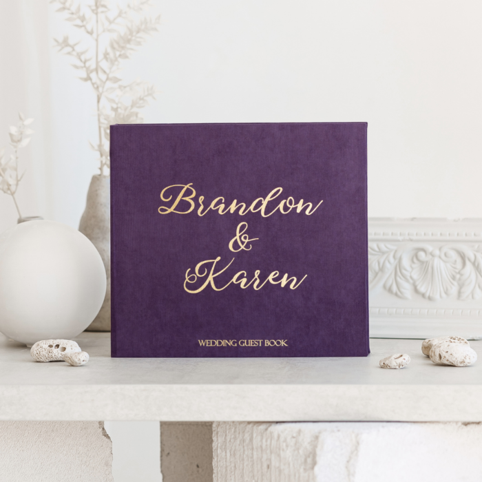 Purple wedding photo guest book with matte gold letering