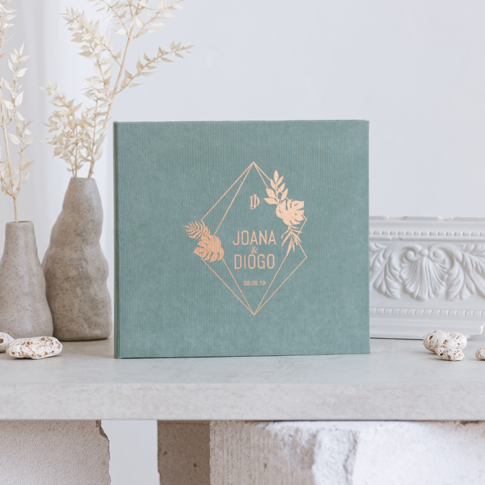 Jade wedding photo guest book with gold letering