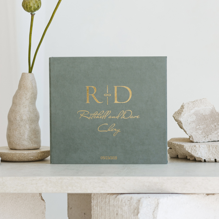 Olive green wedding photo guest book with matte gold letering