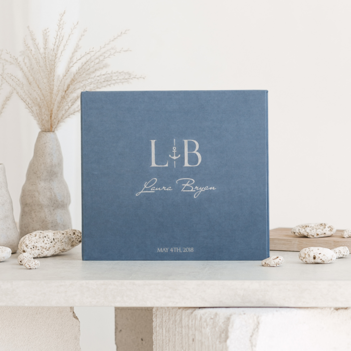Dusty blue wedding photo guest book with matte silver letering