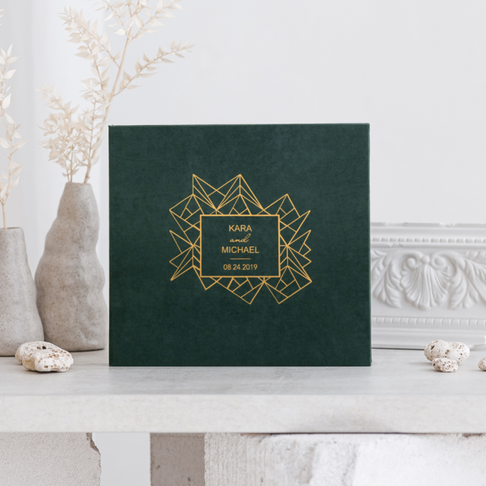 Dark green wedding photo guest book with matte gold letering