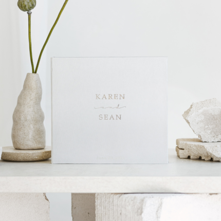 White wedding photo guest book with foil gold letering