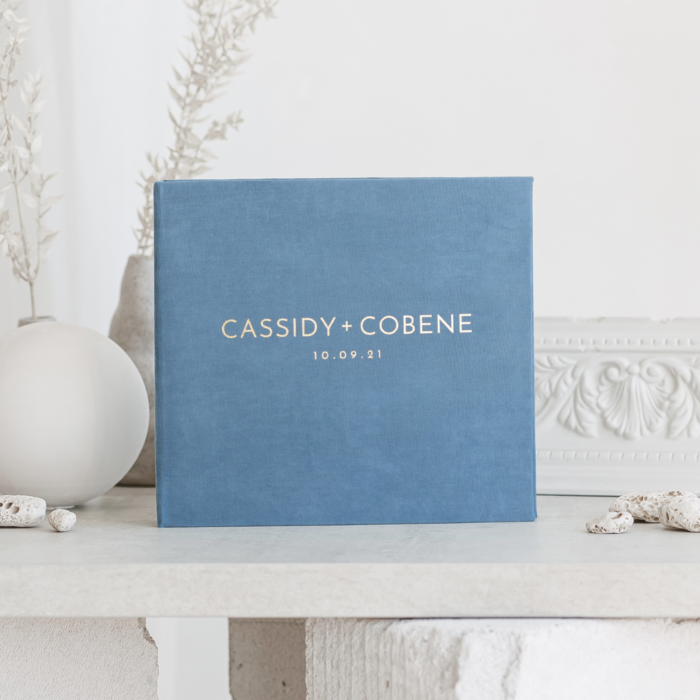 Dusty blue wedding photo guest book with gold letering