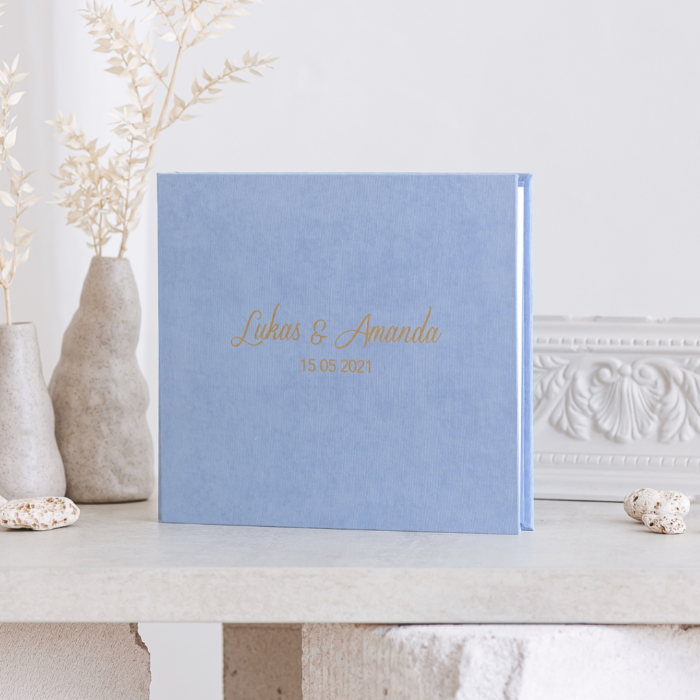 Baby blue wedding photo guest book with matte gold letering
