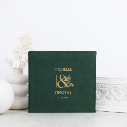 Dark green wedding envelope photo guest book with matte gold letering