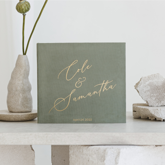 Olive green wedding photo guest book with matte gold letering