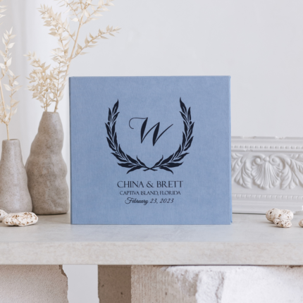 Dusty blue wedding photo guest book with black letering