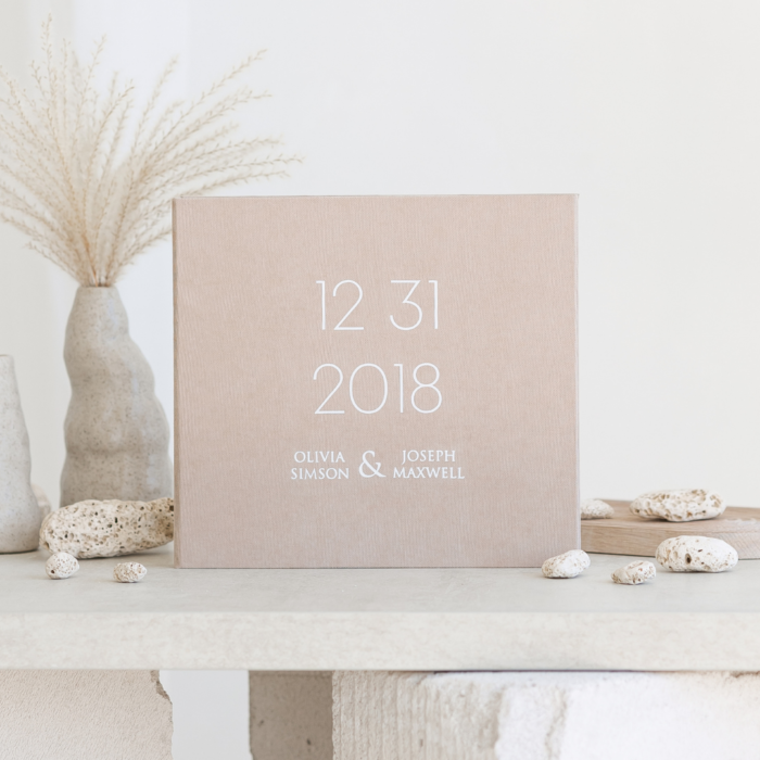 Latte wedding photo guest book with white letering