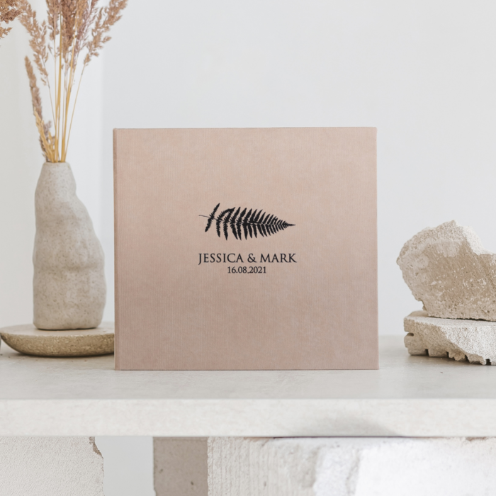 Taupe wedding photo guest book with black letering