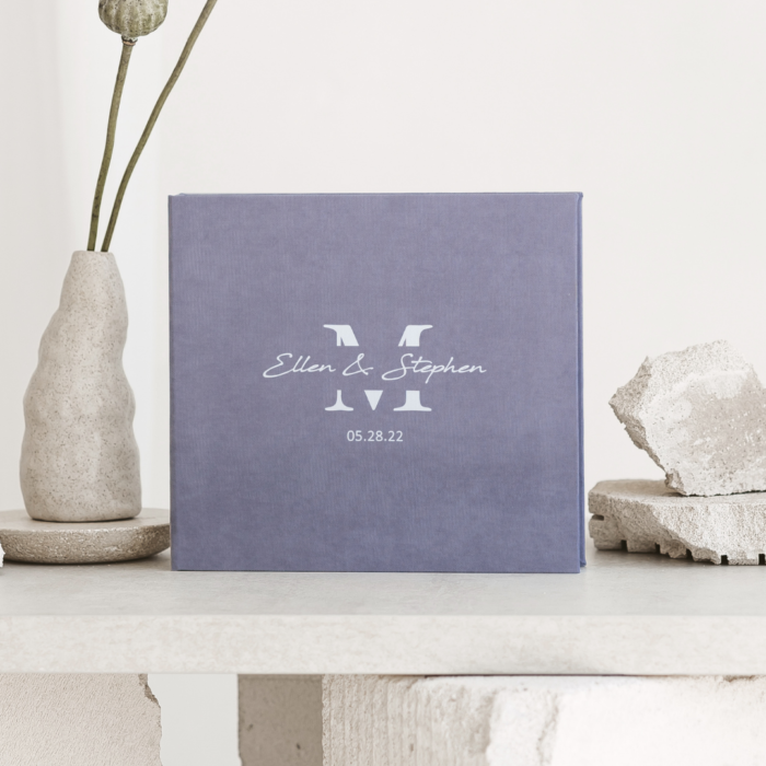 Lavender wedding photo guest book with white letering