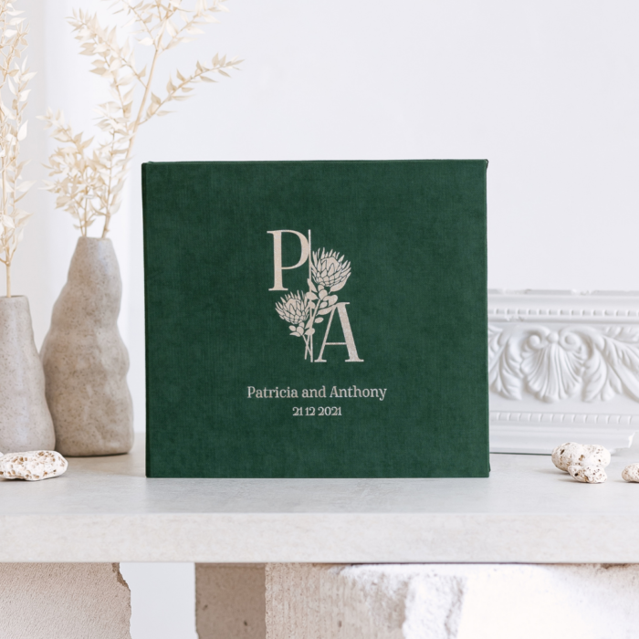 Dark green wedding photo guest book with matte silver letering