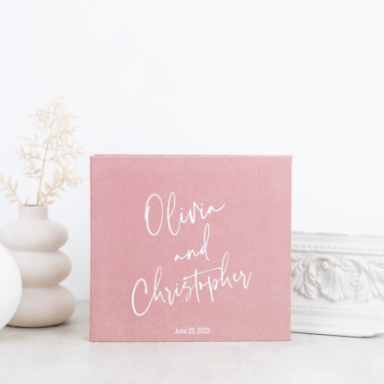 Pink wedding envelope photo guest book with white letering