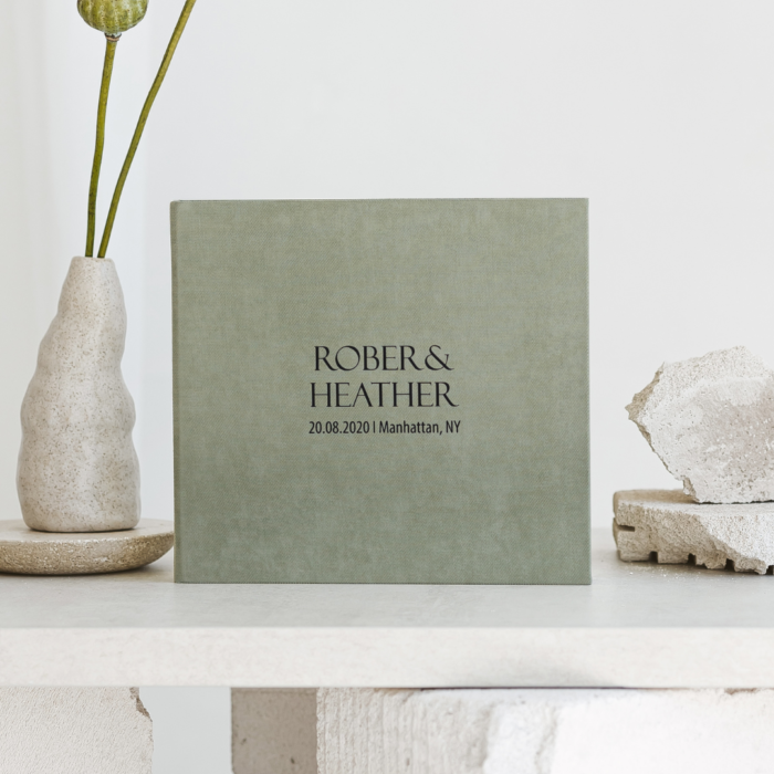 Olive green wedding photo guest book with black letering