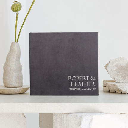 Dark gray wedding photo guest book with gold letering
