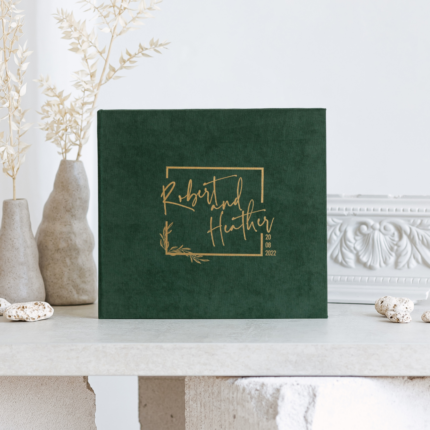 DArk green wedding photo guest book with gold letering