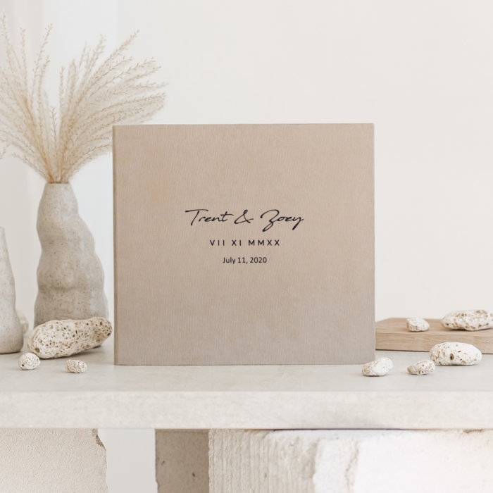 Latte wedding photo guest book with black letering