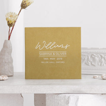 Mustard wedding photo guest book with white letering
