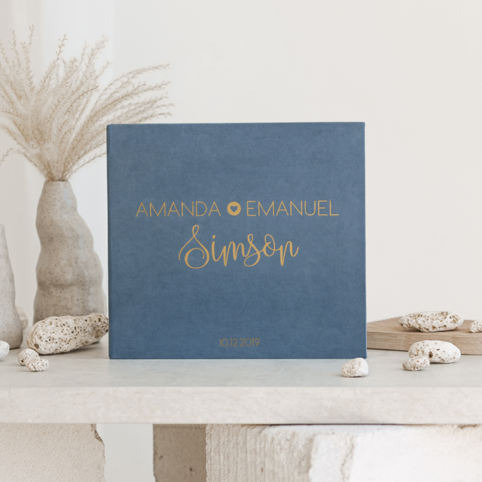 Dusty blue wedding photo guest book with foil gold letering