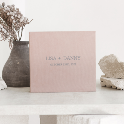 Dusty pink wedding photo guest book with matte silver letering