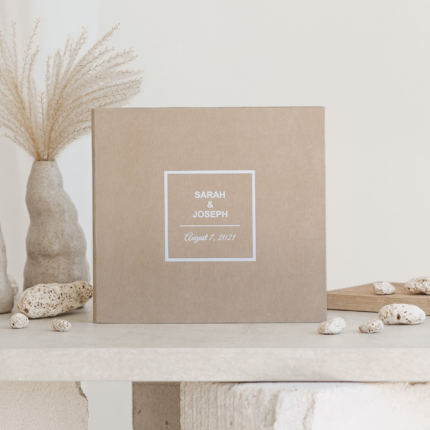 Taupe wedding photo guest book with white letering