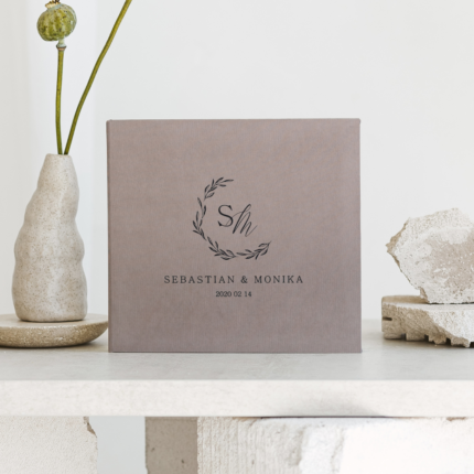 Gray wedding photo guest book with black letering