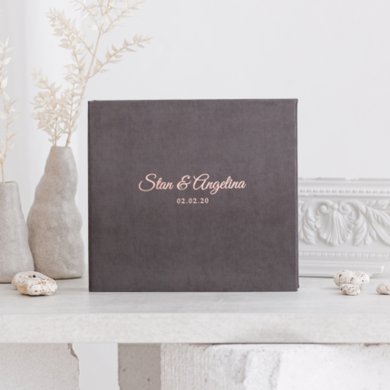Dark gray wedding photo guest book with foil rose gold letering