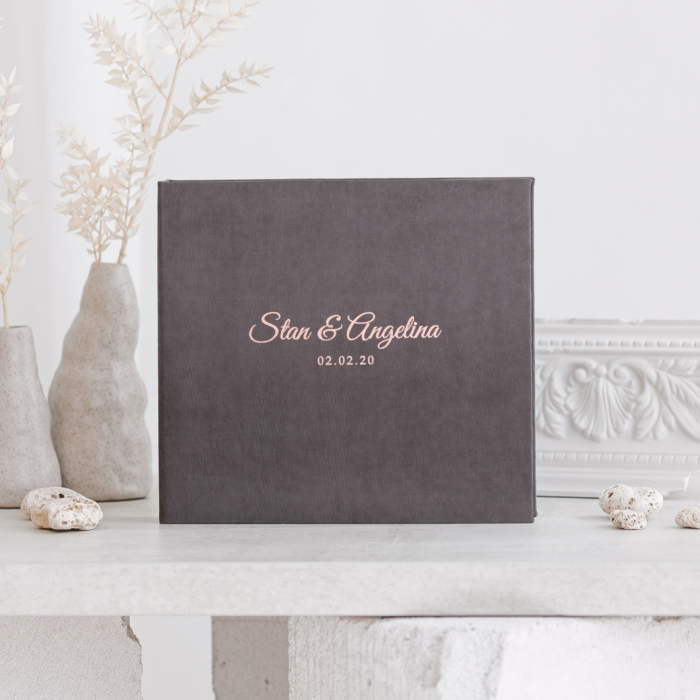 Dark gray wedding photo guest book with foil rose gold letering