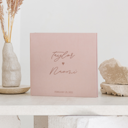 Baby pink wedding photo guest book with foil rose gold letering