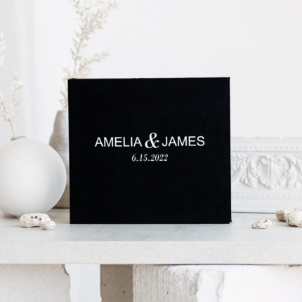 Black wedding photo guest book with foil silver letering