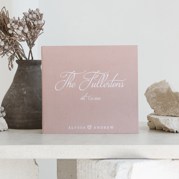 Dusty pink wedding photo guest book with white letering