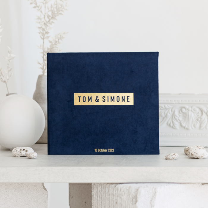 Navy wedding photo guest book with foil gold letering