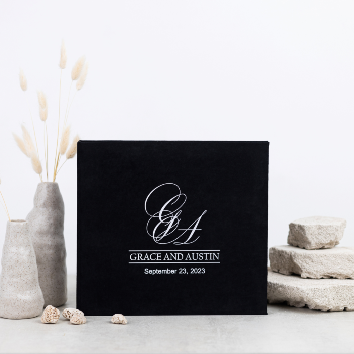 Black wedding envelope photo guest book with wight letering