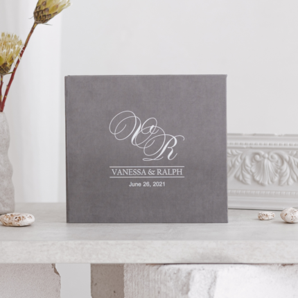Gray wedding photo guest book with white letering