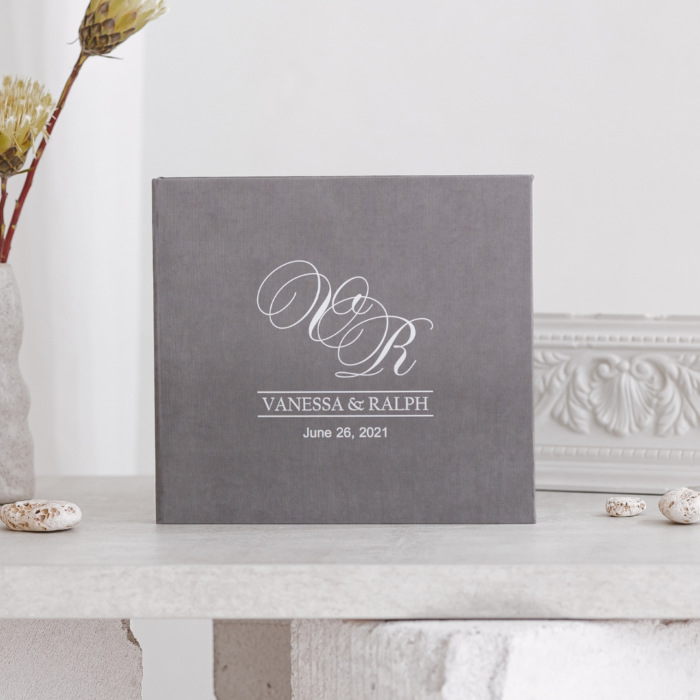 Gray wedding photo guest book with white letering