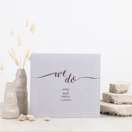 Light gray wedding envelope photo guest book with foil rose gold letering