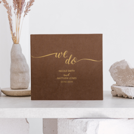 Brown wedding photo guest book with foil gold letering