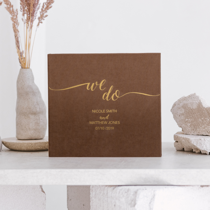 Brown wedding photo guest book with foil gold letering
